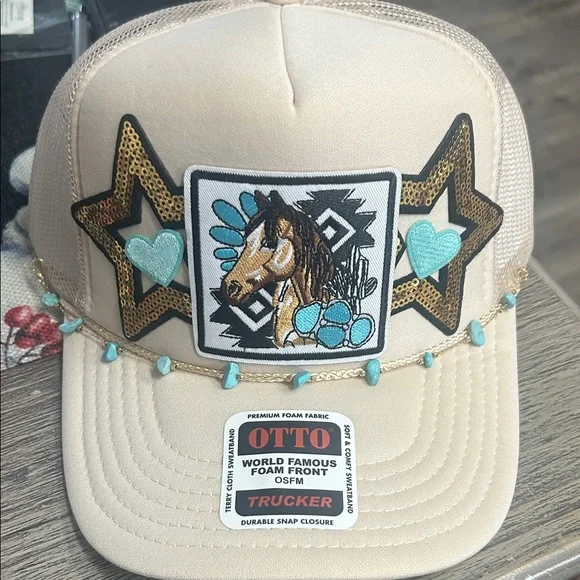 Beige Trucker Hat with Horse and Star Embellishments - Picture 2 of 4